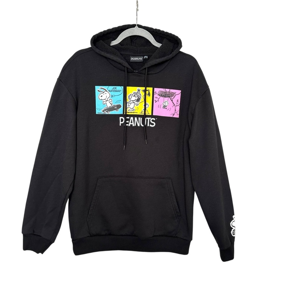 Peanuts‎ Snoopy Graphic Hoodie Black Comic Strip Pullover Sweatshirt Size Large